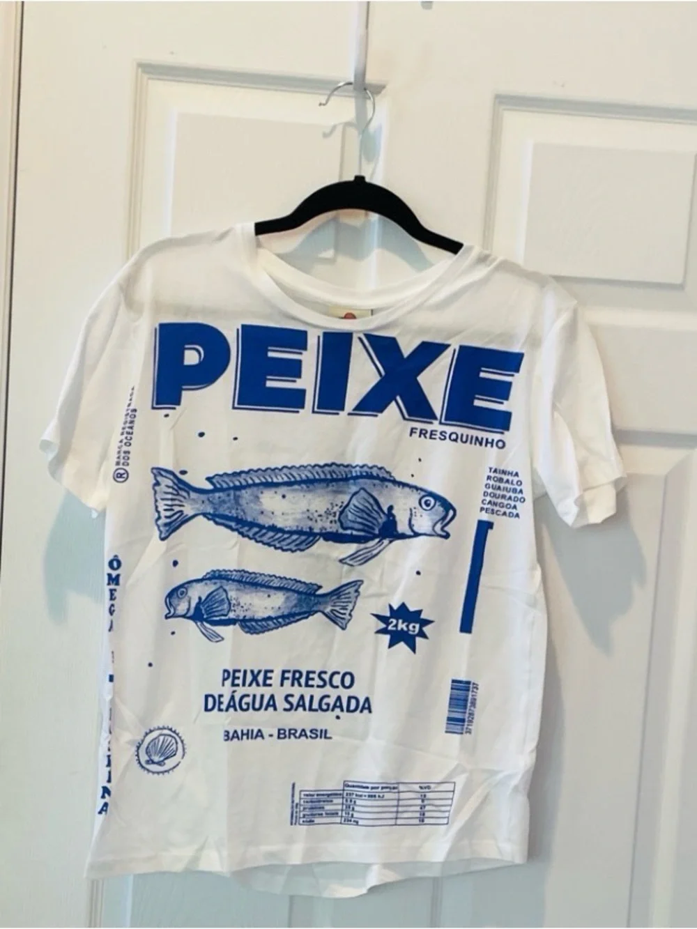 Farm Rio PEIXE White & Blue Graphic Fish T-Shirt Sz S